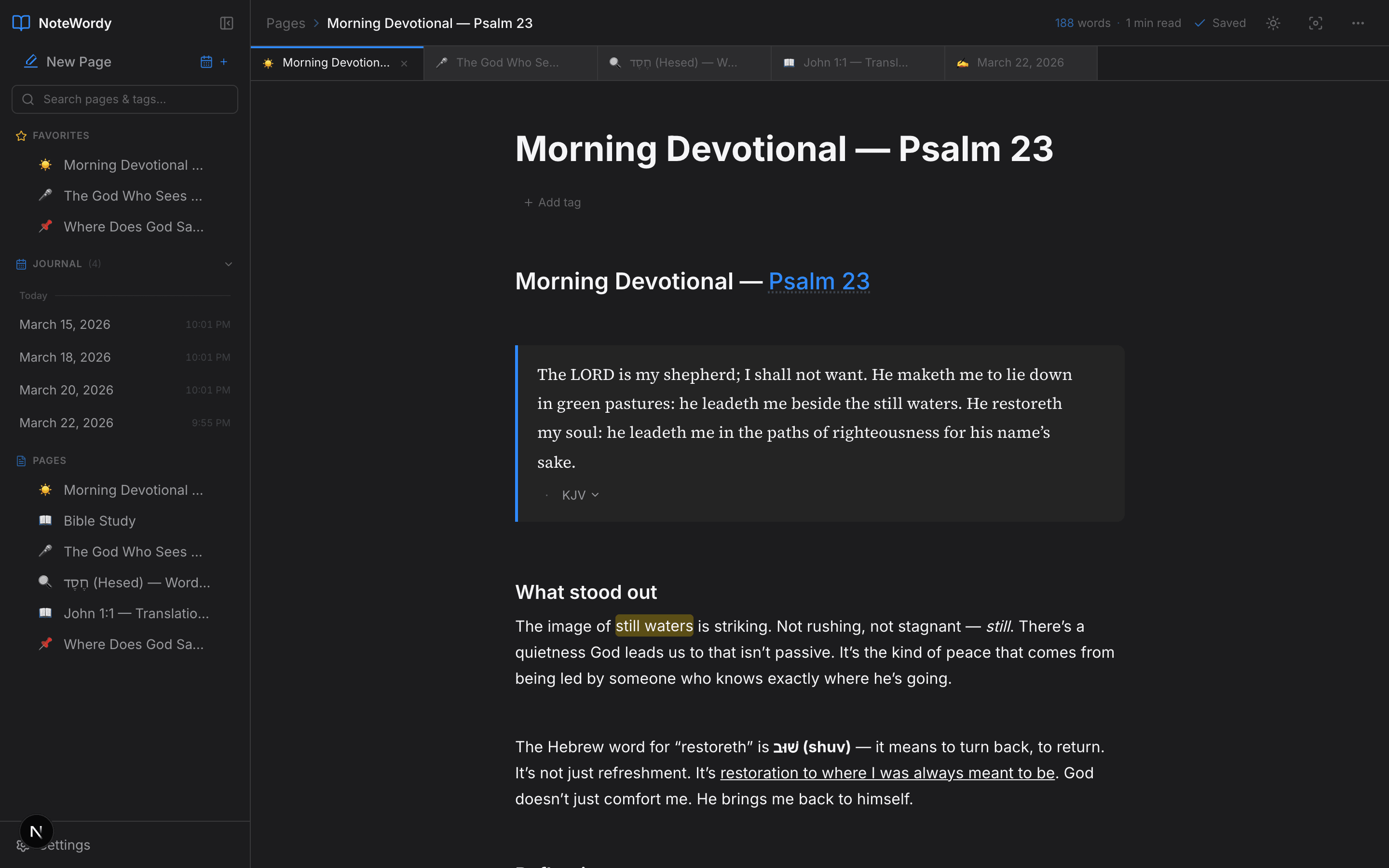 NoteWordy editor — Morning Devotional on Psalm 23