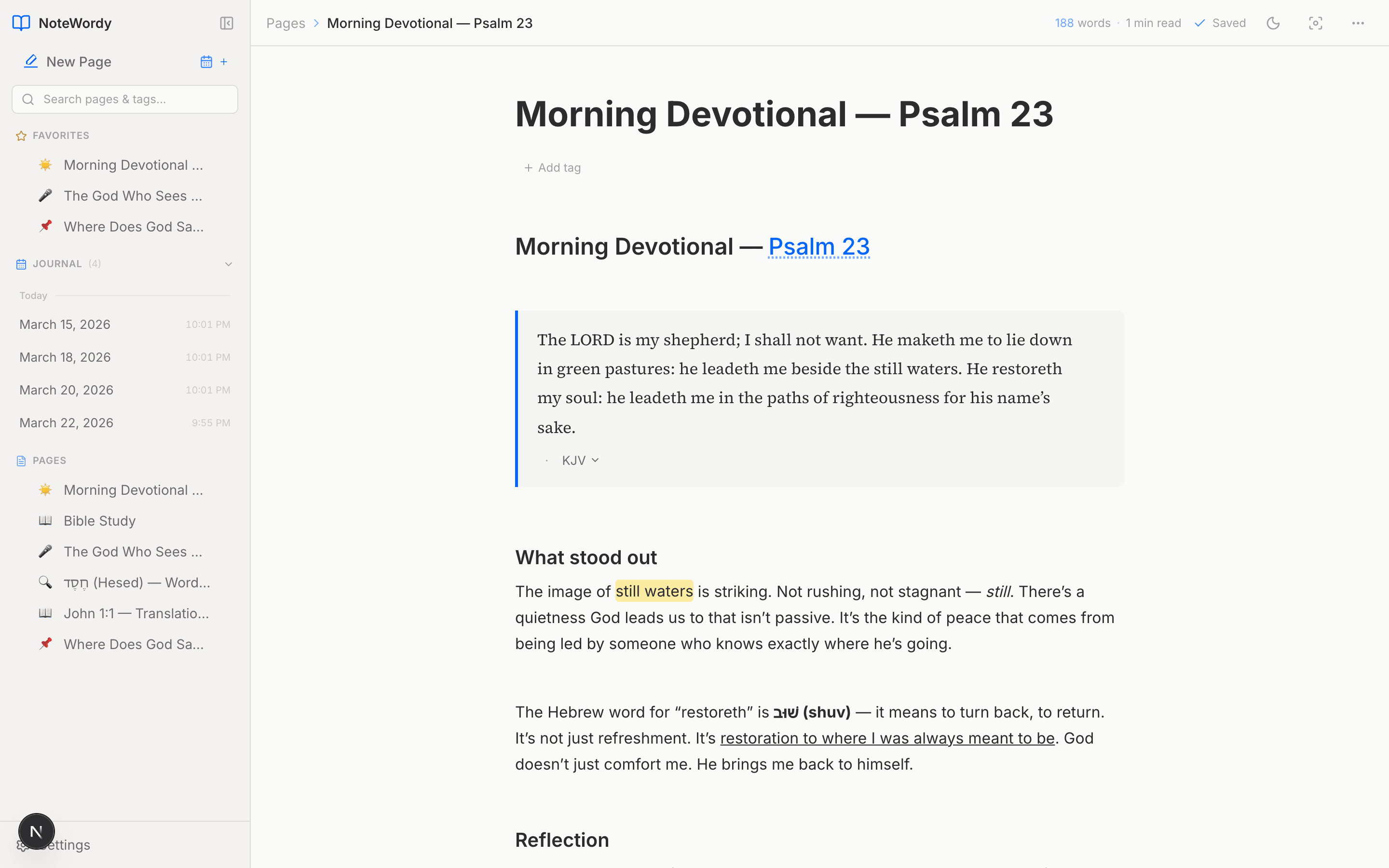 NoteWordy editor — Morning Devotional on Psalm 23